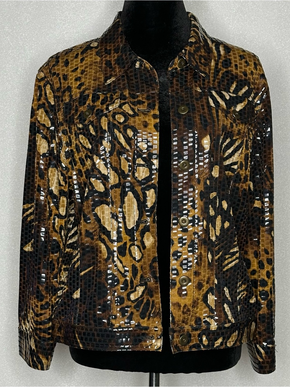 Ruby Rd. Women’s Textured Gloss Brown & Black Animal-Print Jean Cut Jacket Sz 14